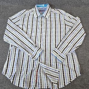 Robert Graham Shirt Mens 2XL Blue White Stripe Classic Fit Button Front Cotton